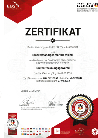 Zertifikat Sachverständiger Bautentrocknungsgewerbe