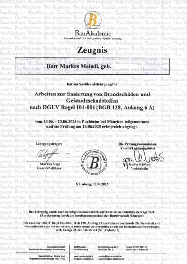 Zertifikat nach DGUV 101-004 (BGR128, Anhang 6 A)
