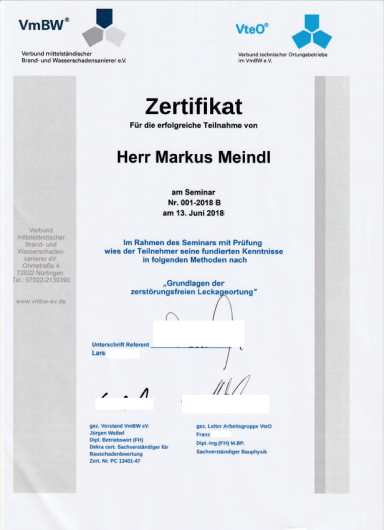 Zertifikat zerstörungsfreie Leckageortung