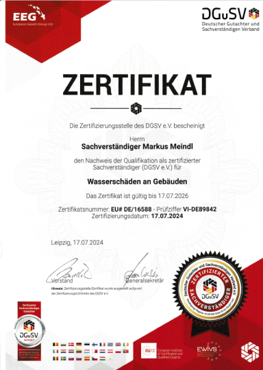 Zertifikat Sachverständiger Wasserschäden an Gebäuden