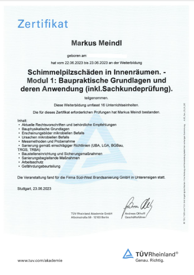 TÜV Zertifkat für Schimmelpilzsanierung