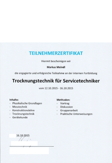 Zertifikat für Trocknungstechnik